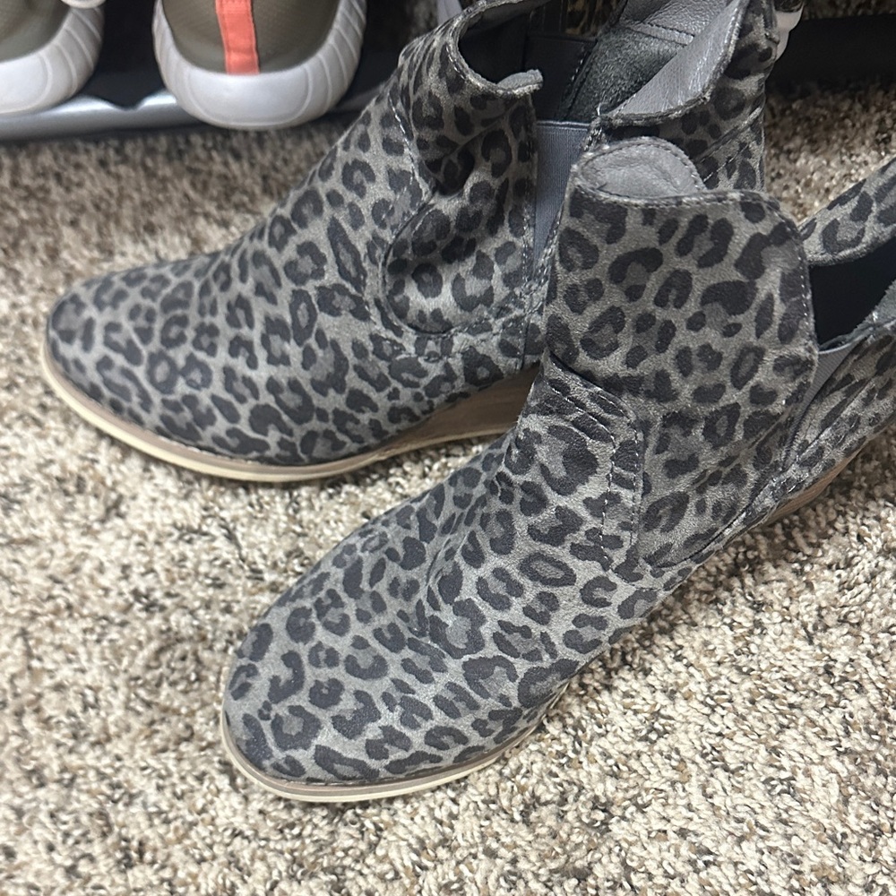 Buckle Gray Leopard Suede Ankle Booties